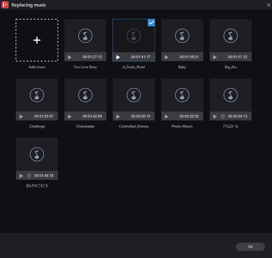 「MiniTool MovieMaker」のテンプレートで任意の音楽（BGM）を選択する